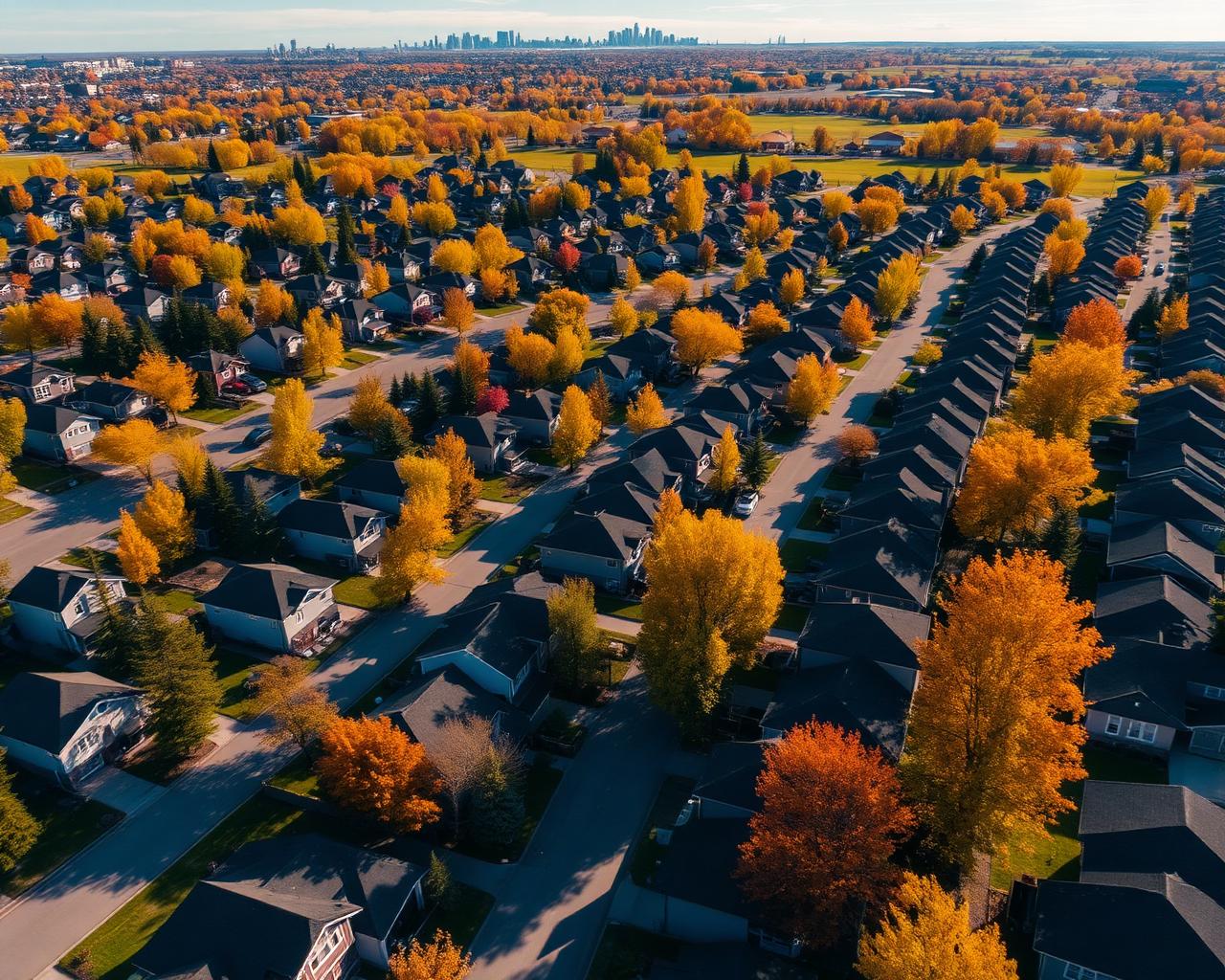 Aerial view of a residential neighborhood at sunset